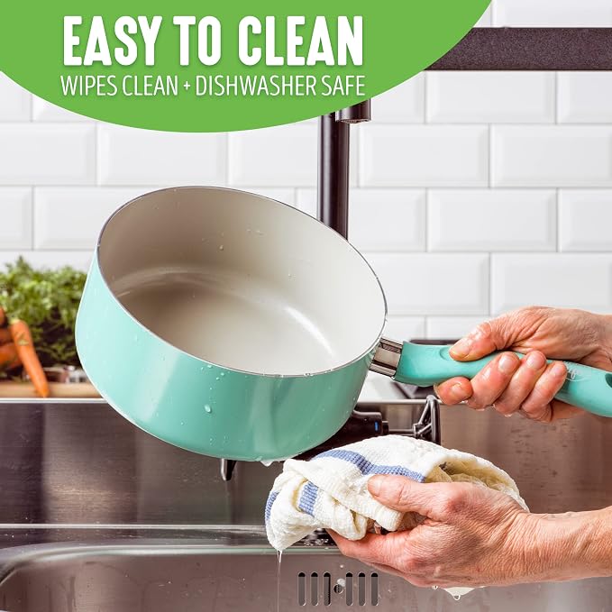 GreenLife Soft Grip Diamond Healthy Ceramic Nonstick, 2QT Saucepan Pot with Lid, PFAS-Free, Dishwasher Safe, Turquoise