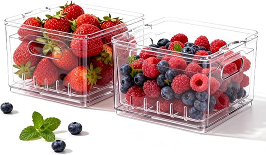 Transparent PET Fruit Draining and Washing colander food storage boxes plastic cookie containers refrigerator organizers (2, Square)