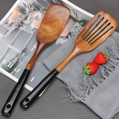 2 Pcs Wooden Spatula Set for Cooking Non Toxic Teak Kitchen Utensils Slotted Pancake Turner Flat Wood Wok Spatulas Bamboo Spoon for Cooking Utensil Set Spurtle Scraper Black Fish Egg Flipper Spatula