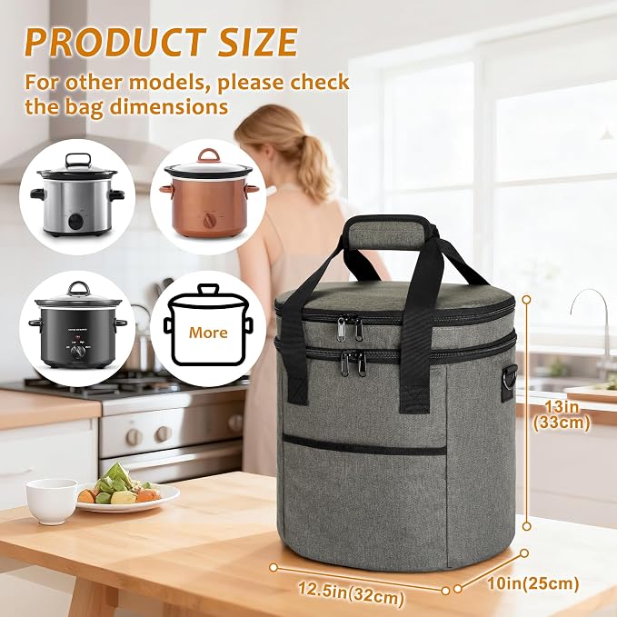 LUXJA Oval Insulated Slow Cooker Carrying Bag Compatible with 3 Quart Crock-Pot, Double Layer Carrier Bag with Lid Straps for 3 Quart Slow Cooker (Bag Only), Gray