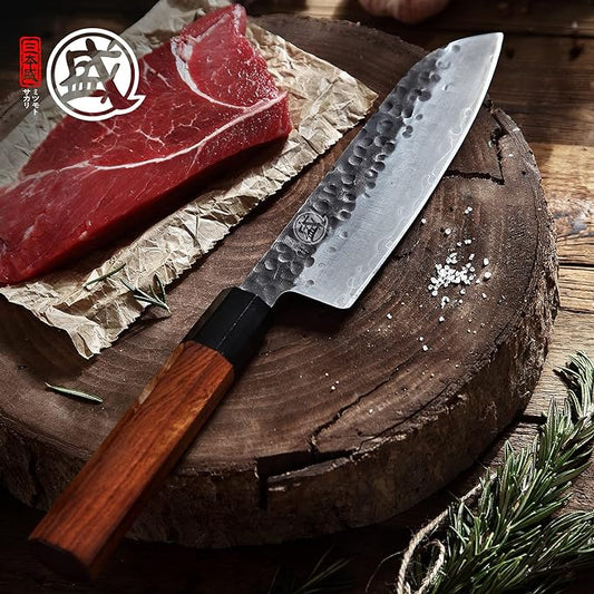 MITSUMOTO SAKARI 7-Inch Japanese Santoku Knife | Wide Santoku blade, 7-inch control, hand forged 3-layer 9Cr18MoV steel, rosewood handle