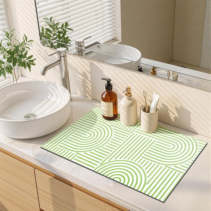 Findosom Dish Drying Mat, 12" x 20" Super Absorbent Dish Mat with Modern Geometric Striped, Hide Stain Drying Mat for Kitchen Counter, Under Dish Rack, Coffee Maker, Espresso Machine, Green & White