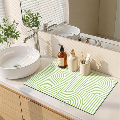Findosom Dish Drying Mat, 12" x 20" Super Absorbent Dish Mat with Modern Geometric Striped, Hide Stain Drying Mat for Kitchen Counter, Under Dish Rack, Coffee Maker, Espresso Machine, Green & White