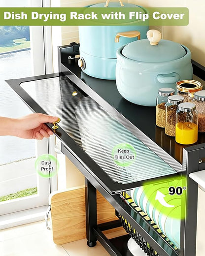 Over the Sink Dish Drying Rack with Cover 2 - Tier Large Dish Drainer Racks for Kitchen Counter Space Saving Sink Storage Organizer for Dishes, Glasses, Bowls & Cutlery Black
