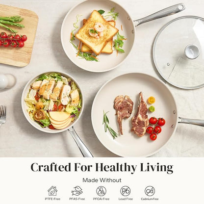 Redchef Nonstick Cookware Sets, Frying Pan Set with Tempered Glass Lids, Ceramic Cookware Set, Stay-Cool Handles, Dishwasher & Oven Safe, Compatible with All Cooktops, Beige (8+9.5+11 Inch)