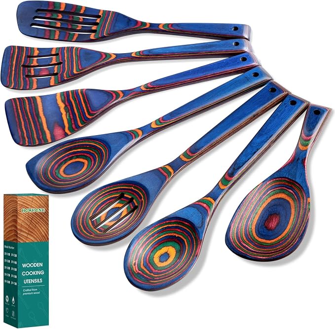 HOWHONG Wooden Spoons for Cooking, Pakkawood Kitchen Utensil Set Spectrum Color, Premium Durable Wooden Utensils for Nonstick Cookware, Heat Resistant, Smooth Finish, Comfortable Grip, 7 Piece