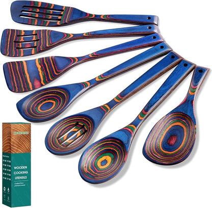 HOWHONG Wooden Spoons for Cooking, Pakkawood Kitchen Utensil Set Spectrum Color, Premium Durable Wooden Utensils for Nonstick Cookware, Heat Resistant, Smooth Finish, Comfortable Grip, 7 Piece