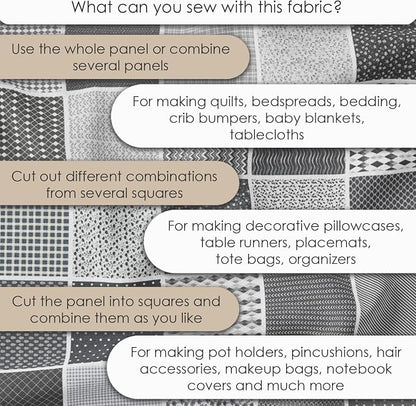 Cotton Satin Patchwork Fabric Panel – 35 Designs, 20×20 cm Squares, Single Piece 150×110 cm, Black & Grey Patchwork Quilt Fabric (Moonlight Patchwork Set, 35pcs 8x8 inch)