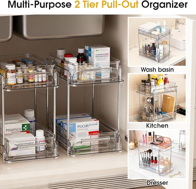 2 Pack Medicine Cabinet Organizer with Dividers, Medicine and Vitamin Bottle Storage, MultiUse Pull-Out Under Sink Organizer Storage Container, Suitable for Cabinets, Bathrooms, Dressing Tables,Pantry