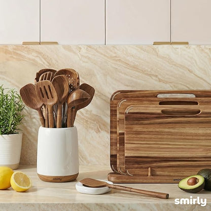 SMIRLY Wooden Spoons for Cooking - 12-Piece Premium Acacia Wood Utensil Set with Ceramic Holder & Spoon Rest, Non-Scratch Cooking Utensils Set for Nonstick Cookware, Luxury Kitchen Gift Set [Acacia]