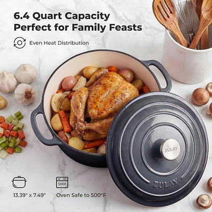 Zulay Kitchen 6.4QT Enameled Cast Iron Dutch Oven Pot with Lid, Heavy-Duty Soup Pot for Stews, Braising, Roasting & Sourdough Bread Baking, Oven Safe up to 500°F – Gray