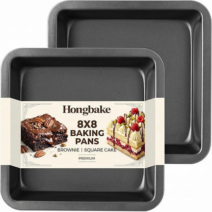 HONGBAKE 8x8 Cake Baking Pan Set, Nonstick Square Brownie Pans with Wider Grips, 2 Pieces, Heavy Duty, Grey