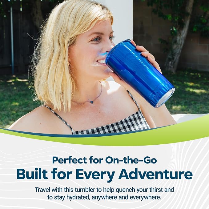 Silver Buffalo Double Walled Vacuum Insulated Stainless Steel Tumbler With Easy Sip Lid Keeps Hot and Cold, Travel Coffee Mug Clear Lid, 20 Ounces, Blue