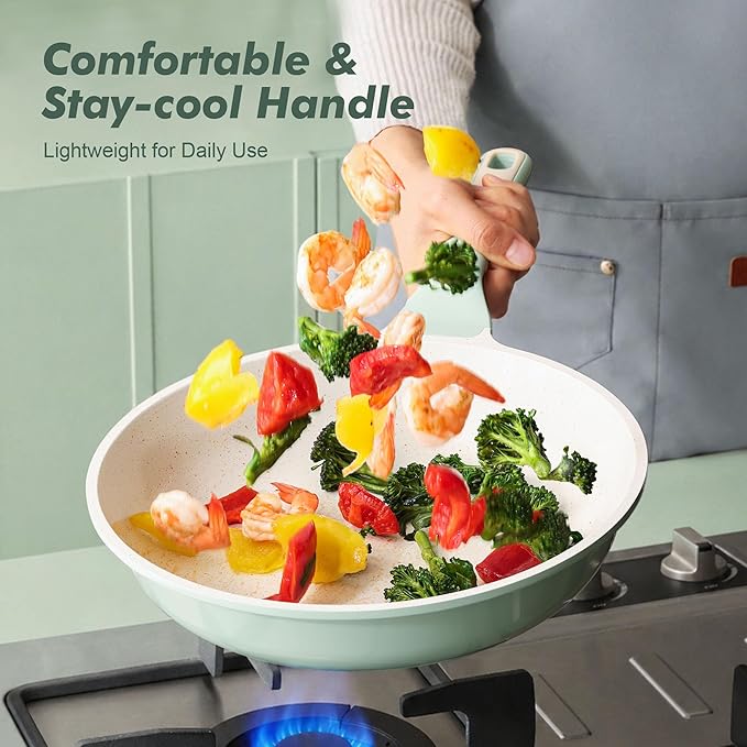 SENSARTE Nonstick Ceramic Frying Pan with Lid 9.5 Inch Omelet Pan Skillet, Free of Intentionally Added PFAS/PTFE Non-toxic Chef's Pan Induction Compatible Pan, Heat Resistant Handle, Mint Green