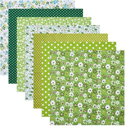 7Pcs Green Patchwork Squares Fabric Flower Polka Dot Print Soft Cotton Square Fabrics Floral Printed Vintage Cloth Bundle for Sewing Making Clothing Dress Decor Scrapbooking Diy Craft Supply
