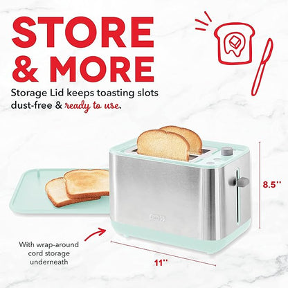 Dash SmartStore® 2-Slice Toaster - Five-Browning Levels, Extra-Wide Slots & Compact Size - Included Storage Lid - 1-Touch Bagel & 15-Second Functions - Aqua