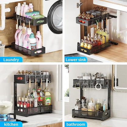 Under Sink Organizer, 2-Tier Pull Out Baskets, Black | Rustproof carbon steel, 2 tier mesh sliding drawers, Height adjustable to bypass pipes, For kitchen, bathroom, laundry