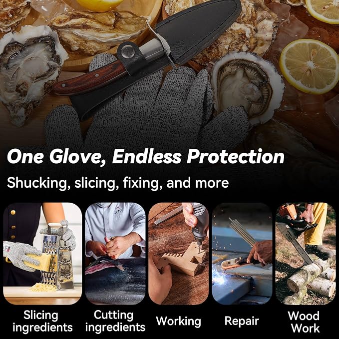 Oyster Knife,Oyster Shucking Kit, Oyster Shucking Knife With Comfort Wood-handle,Sturdy And Sharpness Oyster Knives,Oyster Shucker With 5 leve Protection Cut-resistant Glove(M)