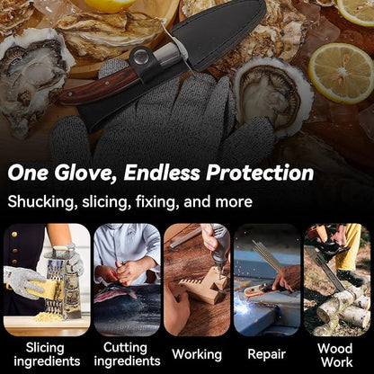 Oyster Shucking Kit, Sturdy Sharpness Oyster Knife And Glove Set With Comfort Wood-handle, Shucking Knife With 5-leve Protection Cut-resistant Glove(XL), with Leather Case Prevents Damaged