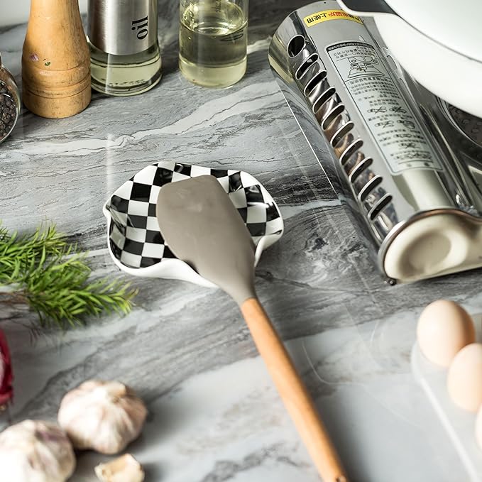 Miamolo Spoon Rest for Stove Top, 5.3in Checkered Spoon Holder Utensil Rest, Ceramic Spoon Rests for Coffee Bar, Kitchen Gadget Cooking Gift for Housewarming - Heat Resistant & Dishwasher Safe