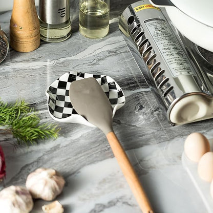 Miamolo Spoon Rest for Stove Top, 5.3in Checkered Spoon Holder Utensil Rest, Ceramic Spoon Rests for Coffee Bar, Kitchen Gadget Cooking Gift for Housewarming - Heat Resistant & Dishwasher Safe