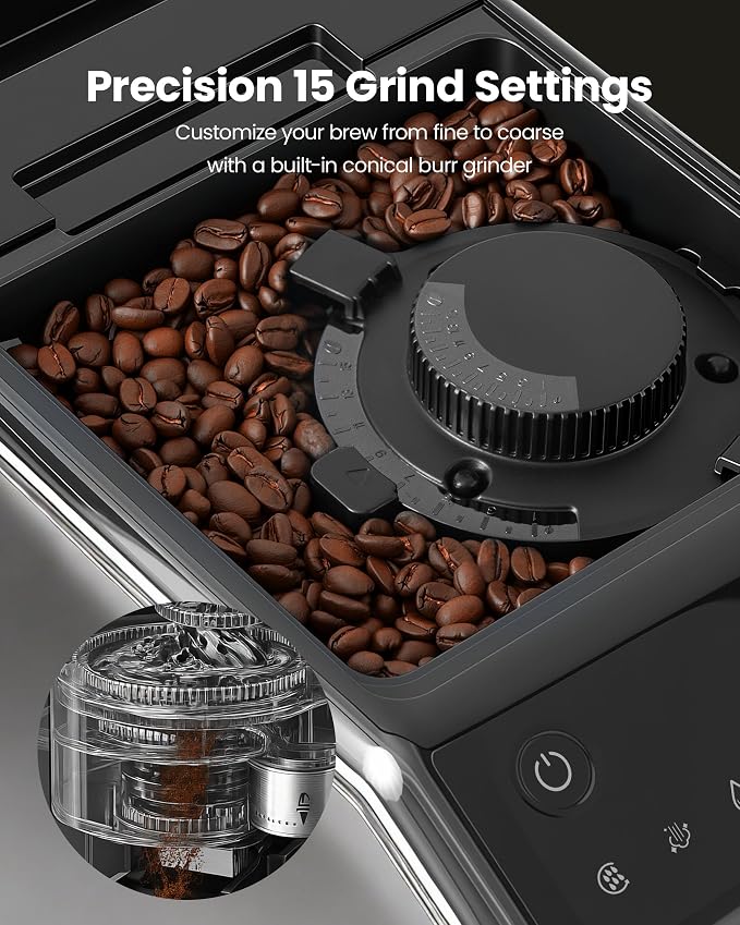 Fully Automatic Espresso Machine, 20 Bar Coffee Maker with Grinder & Milk Frother, Touchscreen Automatic Coffee Machine with 15 Grind Settings for Espresso, Latte & Cappuccino