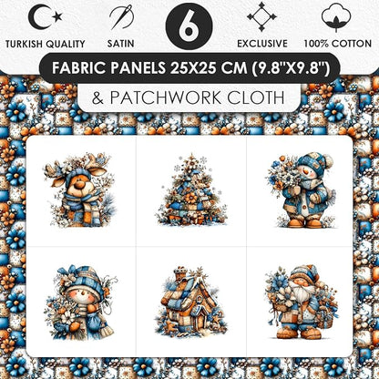 Winter Patchwork Snowman Quilting Fabric Panel – 6× (10×10 inch) Blocks + Bonus Patchwork Sheet 29.5×19.6 inch, 100% Cotton 140 GSM, Blue–Orange Floral Winter Theme