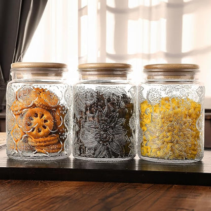 Custde Vintage Glass Jar with Bamboo Lid, 23.7 FL oz - Airtight Decorative Food Storage Canisters for Kitchen Counter, Ideal for Candy, Sugar, Coffee, Cookies (Sunflower*2)