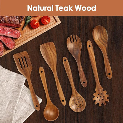 comfoyar Wooden Kitchen Cooking Utenails Set, 7 Pieces Natural Teak Wooden Spoons for Cooking with Spatula and Ladle, Heat Resistant Kitchen Cookware for Nonstick Pan