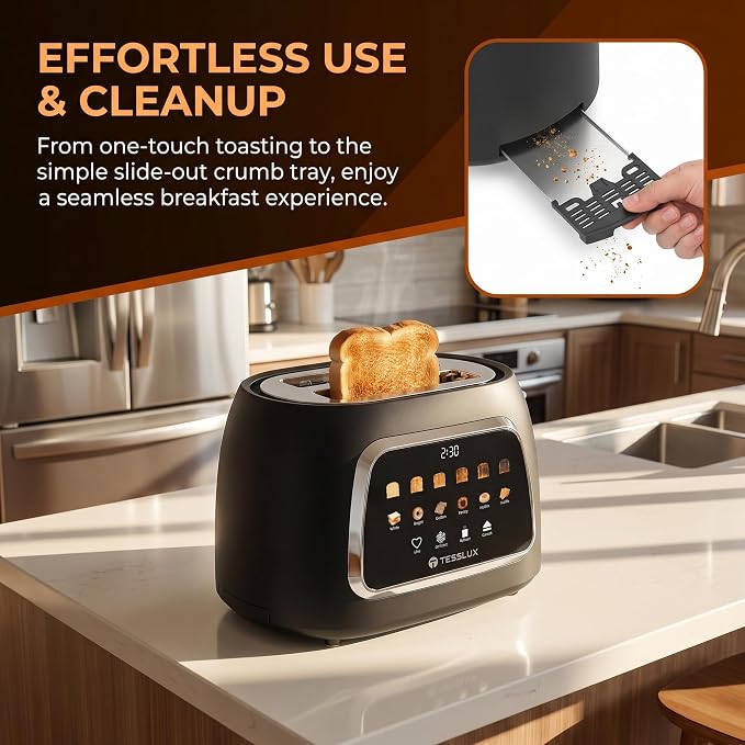 Tesslux 2 Slice Toaster with Touch Screen Control, 1.5" Wide Long Slots, 6 Browning Levels & 6 Bread Types, Digital Timer, Memory, Defrost, Reheat (Black, 2 Slice)