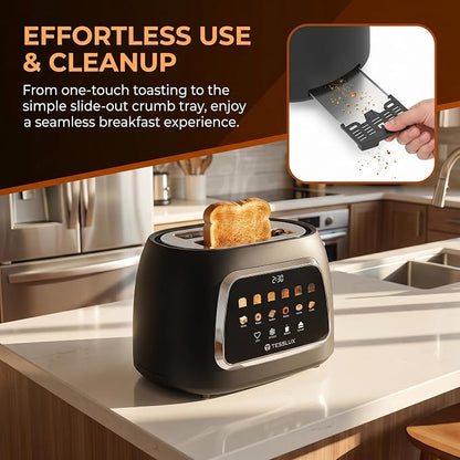Tesslux 2 Slice Toaster with Touch Screen Control, 1.5" Wide Long Slots, 6 Browning Levels & 6 Bread Types, Digital Timer, Memory, Defrost, Reheat (Black, 2 Slice)