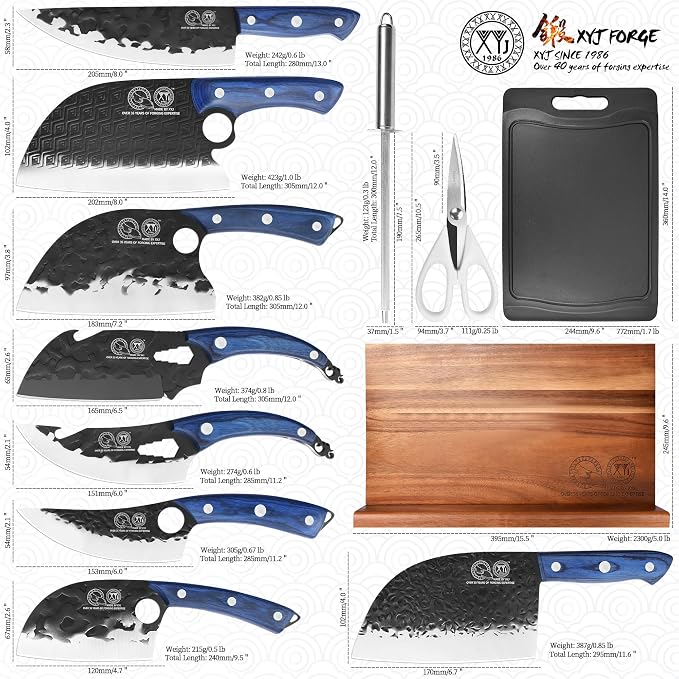 XYJ Authentic Since 1986,Knife Block Set,Knives with Magnetic Knife Block,Sharpener Rod,Scissors,Cutting Board,Gloves,Boning Slicing Bread Cleaver Vegetable Butcher Kitchen Knives,Full Tang