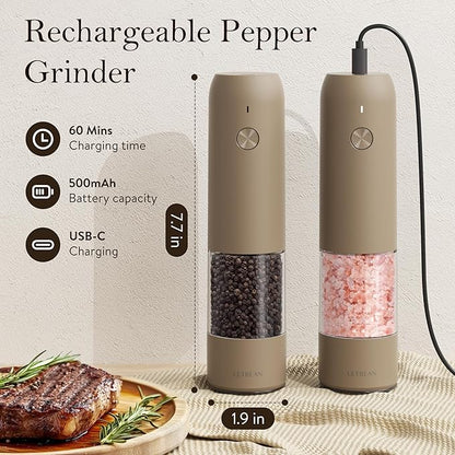 Ultrean Pepper Grinder, Rechargeable Salt and Pepper Grinder Set with 6 Adjustable Coarseness, LED Light, Electric Pepper Mill, Essentials for New Home Housewarming, Brown