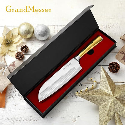 Santoku Knife, Chef's Kitchen Knife 7 Inch, Japanese Steel AUS-10 Chef Knife, with Pure Copper Ergonomic Handle & Gift Box.