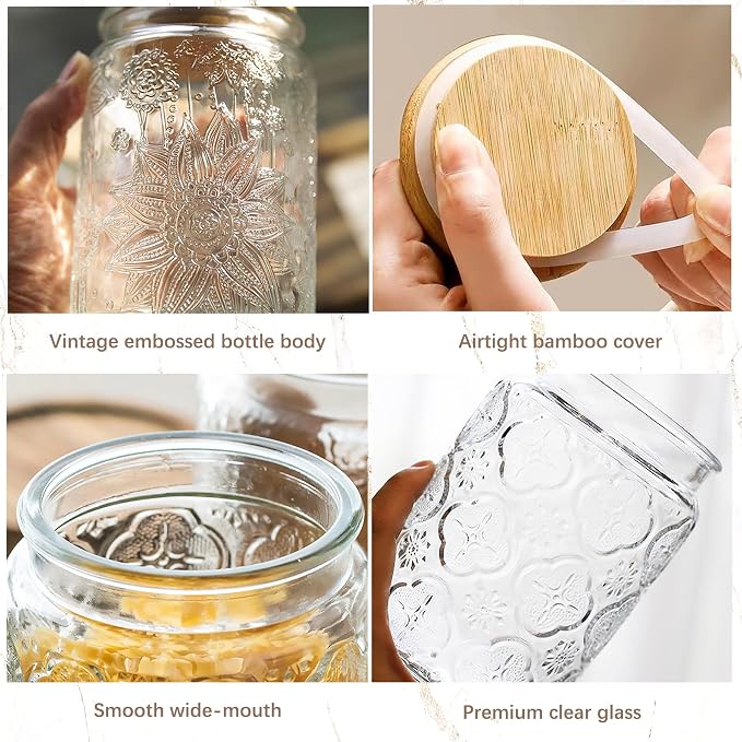 Custde 23.7 fl oz Vintage Glass Jar with Bamboo Lid - Airtight Decorative Food Storage Canisters for Kitchen Counter, Ideal for Candy, Sugar, Coffee, Tea, Cute jar(Sunflower*1)