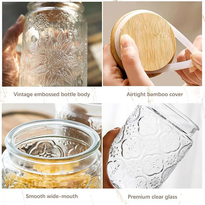 Custde 23.7 fl oz Vintage Glass Jar with Bamboo Lid - Airtight Decorative Food Storage Canisters for Kitchen Counter, Ideal for Candy, Sugar, Coffee, Tea, Cute jar(Sunflower*1)