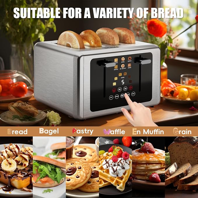 Whall 4-Slice Smart Toaster with Touchscreen & Extra-Wide Slots, Dual Independent Control, 6 Browning Levels & 6 Bread Types, Memory Function,Countdown Timer, Ideal Kitchen Gift