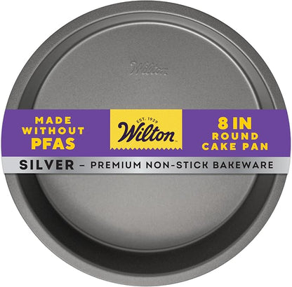 Wilton Silver Non Stick Round Cake Pan, Steel Baking Pan for Layer Cakes, Cheesecakes, Quiche,Made without PFAS, Even Heating, 8 Inch
