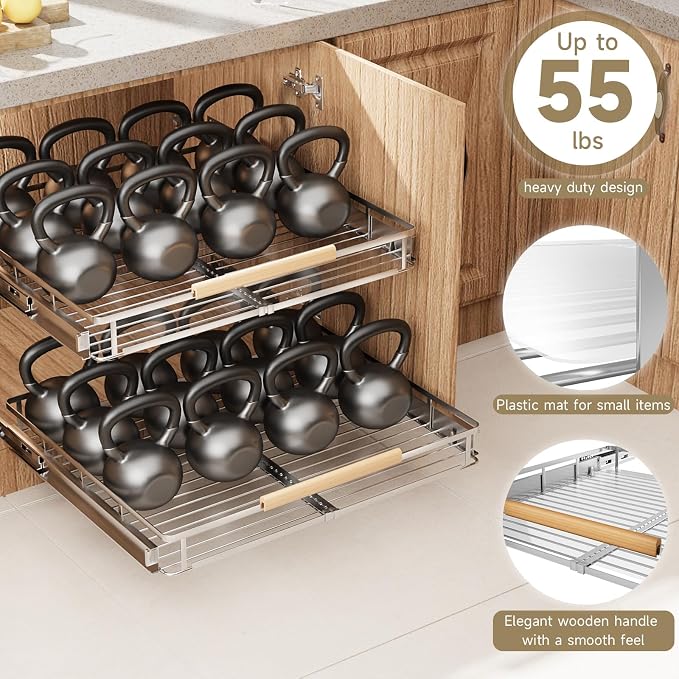 2 Pack Expandable Pull Out Cabinet Organizer，Side Mounting 16.3~26.3"x17.3"Cabinet Pull Out Shelves, Expandable Slide Out Spice Rack for Kitchen Bathroom Office