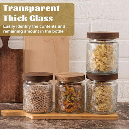 Suclain 6 Pcs 17 OZ Vintage Glass Jar with Acacia Wood Lids Airtight Glass Storage Canisters Kitchen Spice Jars Food Storage Containers for Pantry Coffee Grains Tea Sugar Flour(Fan-shaped)