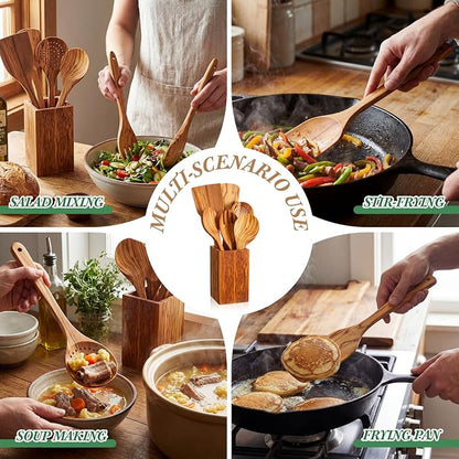 Qinyoung 10 Pack Olive Wood Cooking Utensils Olive Wood Kitchen Utensils Mixing Spatula Spoon Fork Set with Gift Box for Cooking Baking Meal, Birthday Anniversary Mother's Day Housewarming Gifts