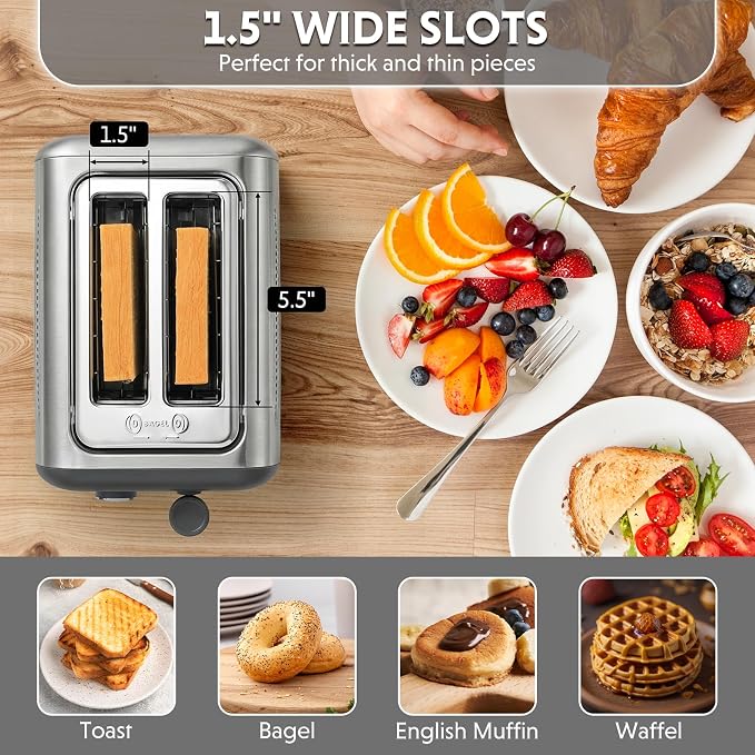 BUYDEEM DT620 2-Slice Toaster, 7 Shade Settings, Extra Wide 1.5'' Slots for Bagel & English Muffin, 6 Toasting Functions, Retro Stainless Steel Toaster with High Lift Lever, Silver
