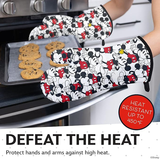 Disney Silicone Oven Mitts Heat Resistant – Set of 2 Long Cuff Cotton Kitchen Mitts with Silicone Grip Stripes, Cute Oven Mitts & Pot Holders for Cooking, Baking & Kitchen Essentials- Mickey
