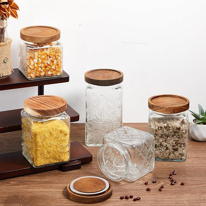 Gerrii Clear 5 Pcs Vintage Glass Food Storage Containers 17/24/34 oz Glass Jar with Lid Airtight Candy Food Canisters for Kitchen Counter Pantry Coffee Beans (Begonia,Sunflower,Window Grilles Square)