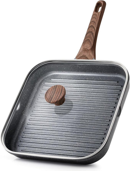 SENSARTE Nonstick Grill Pan with Lid, Grill Pan for Stove Tops, Versatile Griddle with Pour Spouts, Square Big Cooking Surface, Durable Skillet Indoor & Outdoor Grilling. PFOA Free, 9.5 Inch