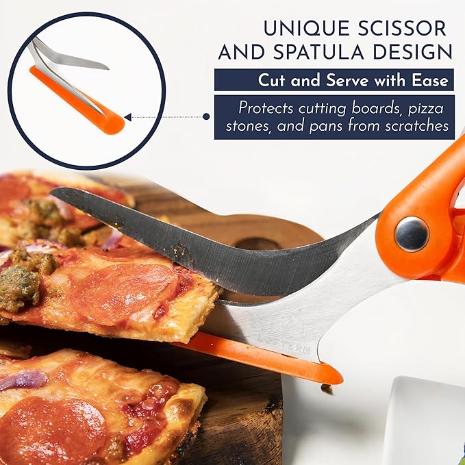 Orange Pizza Scissors - Non-Stick Pizza Scissors with Firm Grip Base - Food Grade Stainless Steel Pizza Cutter - 5-in-1 Food Slicer & Pizza Server - Durable, Safe & Mess Free
