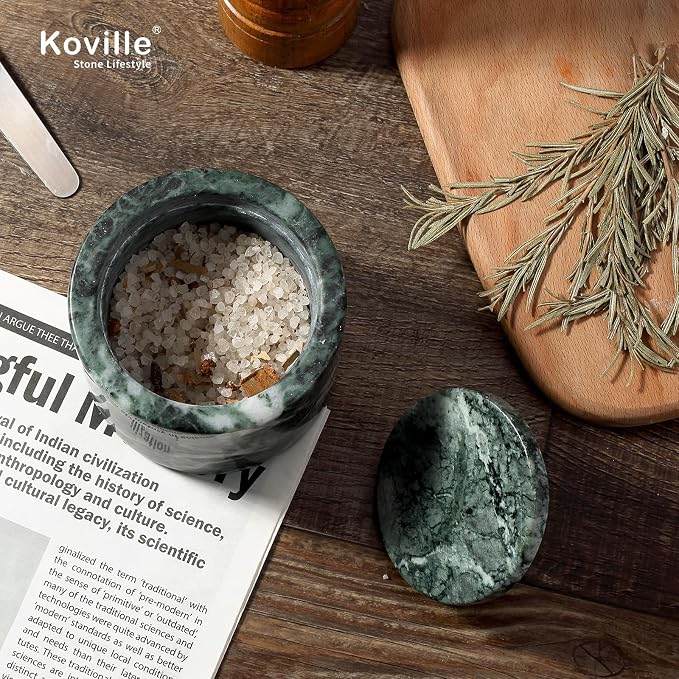 Koville Green Marble Salt Cellar with Lid 3.5", Stone Pepper Container & Spice Jars for Kitchen, Marble Salt and Pepper Holder, Stone Storage Box for Kitchen Counter, Spice Jar (Verde Alpi Green)