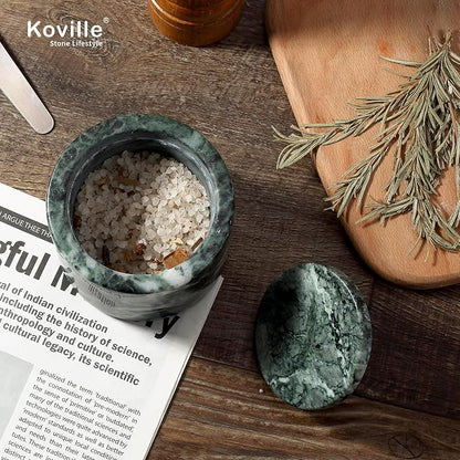 Koville Green Marble Salt Cellar with Lid 3.5", Stone Pepper Container & Spice Jars for Kitchen, Marble Salt and Pepper Holder, Stone Storage Box for Kitchen Counter, Spice Jar (Verde Alpi Green)