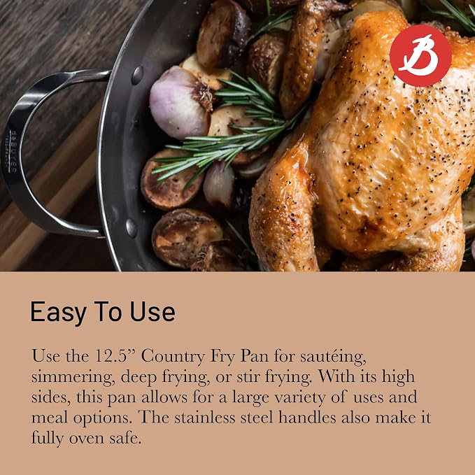 de Buyer MINERAL B Carbon Steel Country Fry Pan with 2 Handles - 12.5” Diameter, 8.9” Cooking Surface - Ideal for Sauteing, Simmering, Deep & Stir Frying - Naturally Non-Stick Finish - Made in France