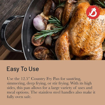 de Buyer MINERAL B Carbon Steel Country Fry Pan with 2 Handles - 12.5” Diameter, 8.9” Cooking Surface - Ideal for Sauteing, Simmering, Deep & Stir Frying - Naturally Non-Stick Finish - Made in France